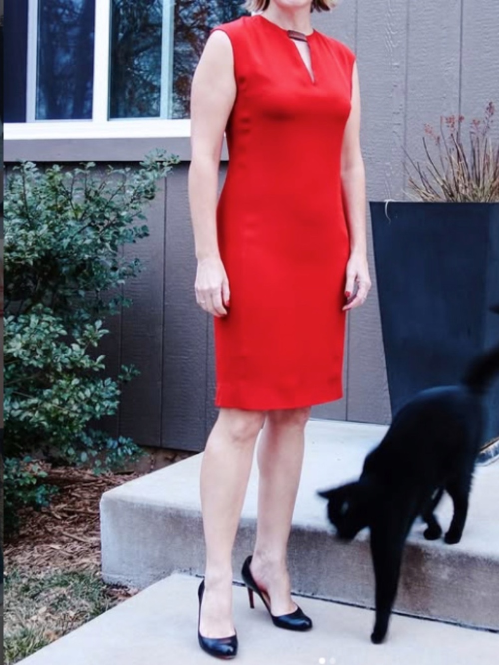 Ralph Lauren Black Label Red Sheath Dress 6 Cap Sleeve Wood Detail